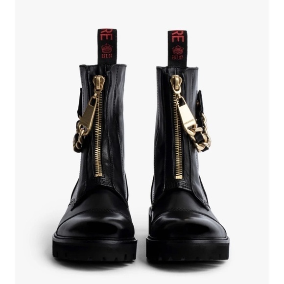 Zadig & Voltaire Joe Cecilia leather combat moto boots with gold chain NWT 36/5 - Picture 4 of 17